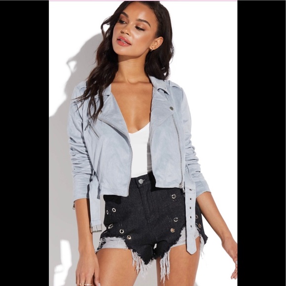 Ashley Outerwear Jackets & Blazers - Sz M NWT Light Blue Faux Suede Cropped Moto Jacket